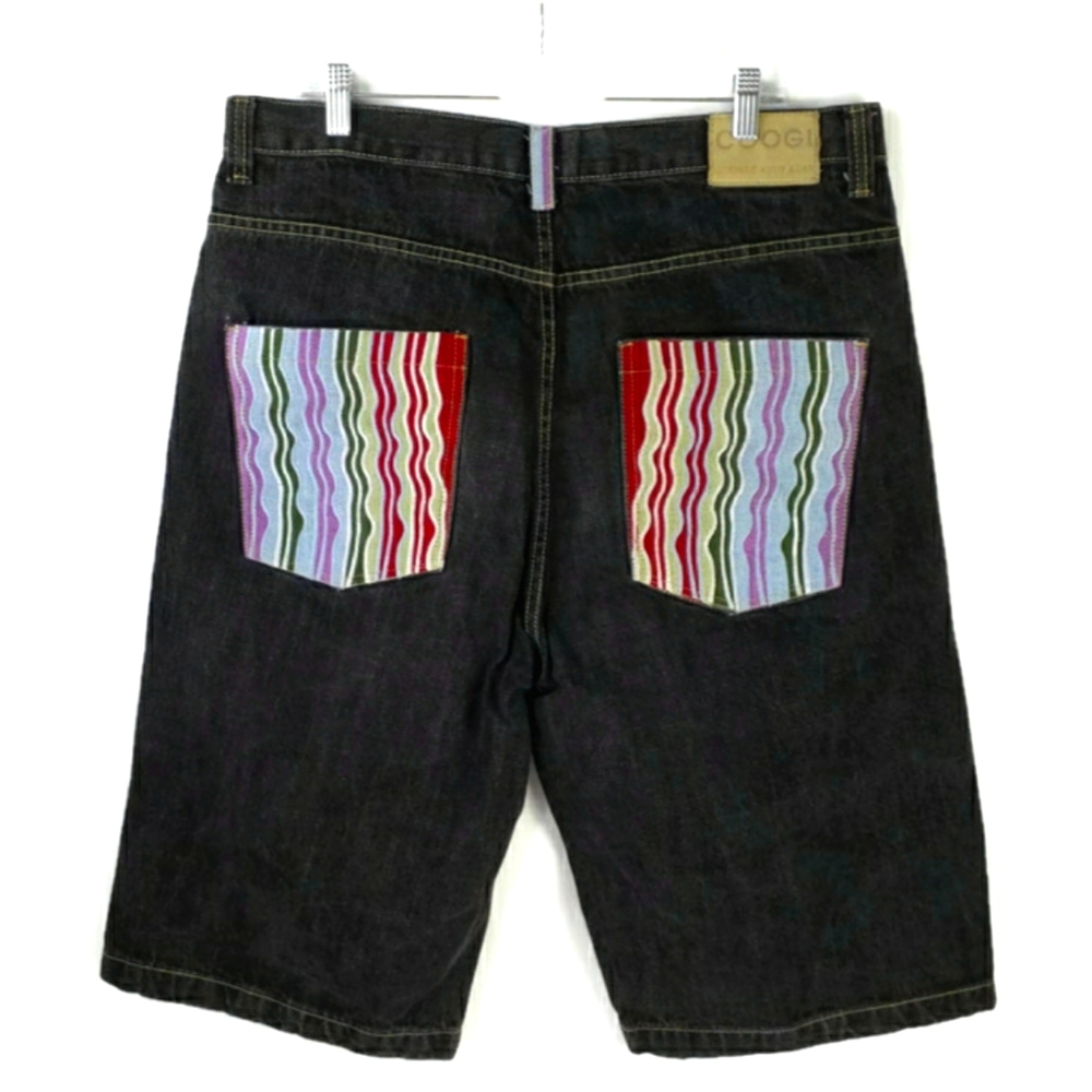 COOGI Black Wash Relaxed Long Length Embroidered Denim Jean Shorts Mens 37